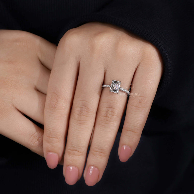 Emerald cut engagement ring with pave setting and lab grown diamond, crafted for a perfect engagement ring for women.
