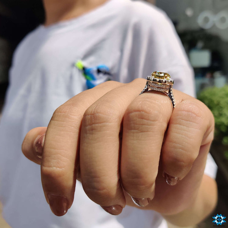 Custom handmade double halo moissanite engagement ring.
