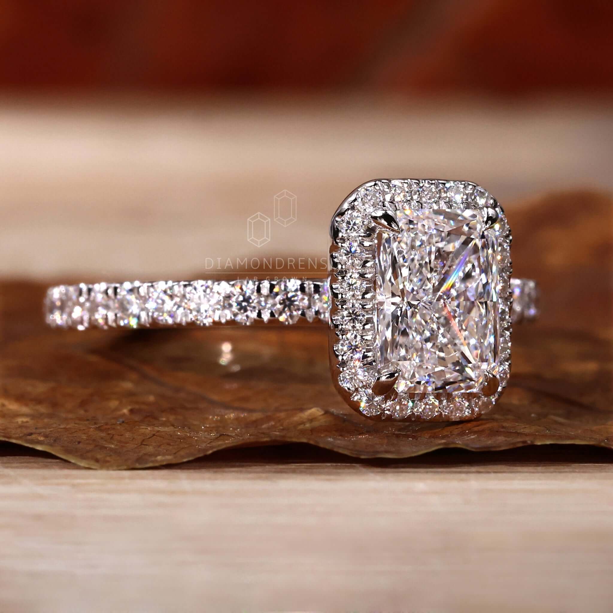 Radiant diamond with a pave diamond ring design, perfect for women seeking an elegant engagement ring in the UK.
