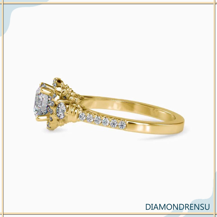Floral-inspired diamond ring in rose gold band.
