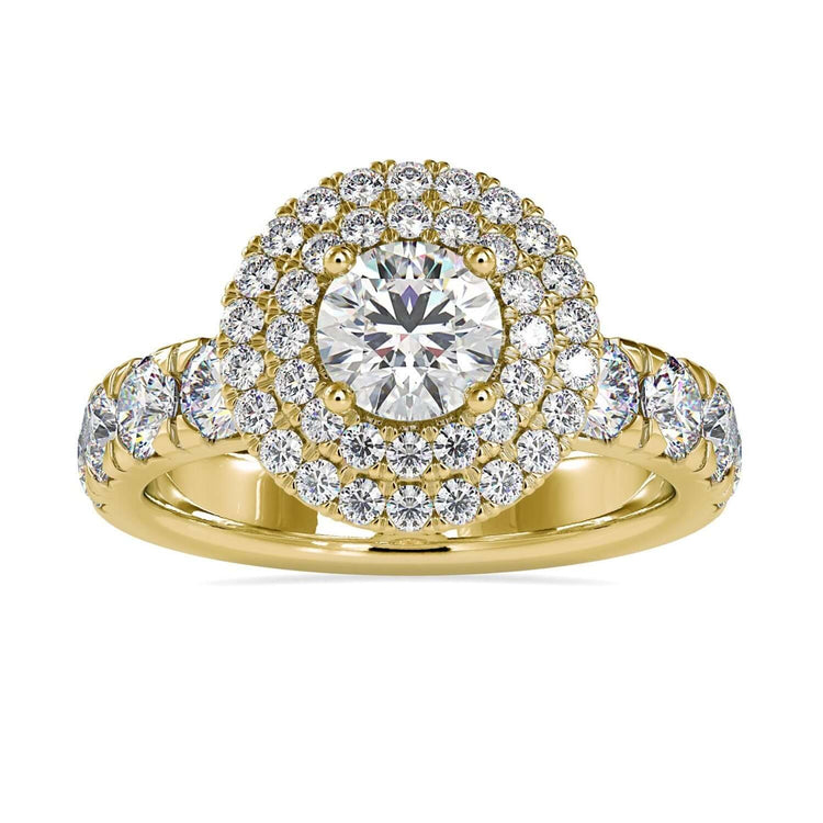 Halo round diamond engagement ring with round centre stone in rose gold.
