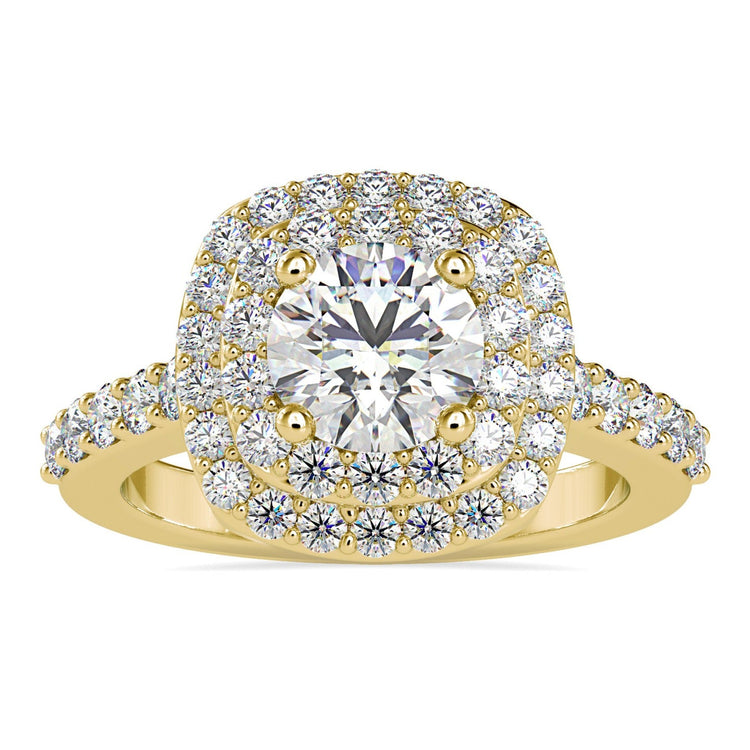 Double halo engagement ring with round diamond centre.
