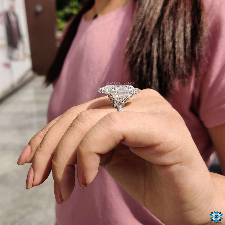Buy moissanite ring with side halo and pave band.
