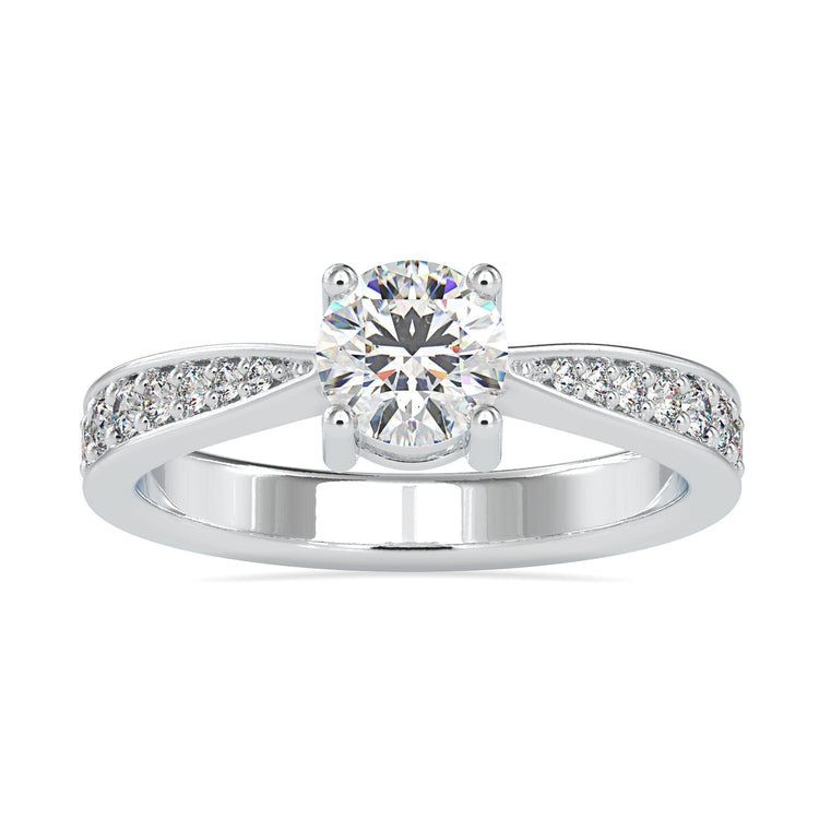 White gold engagement ring featuring a round pave design.
