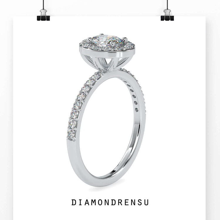 Halo ring oval shaped with white gold pave setting.
