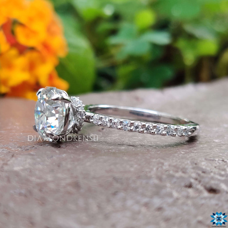 Custom engagement ring with octagon cut moissanite.
