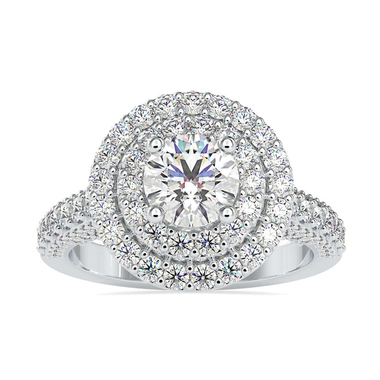 Yellow gold ring with double halo and round diamond centre.
