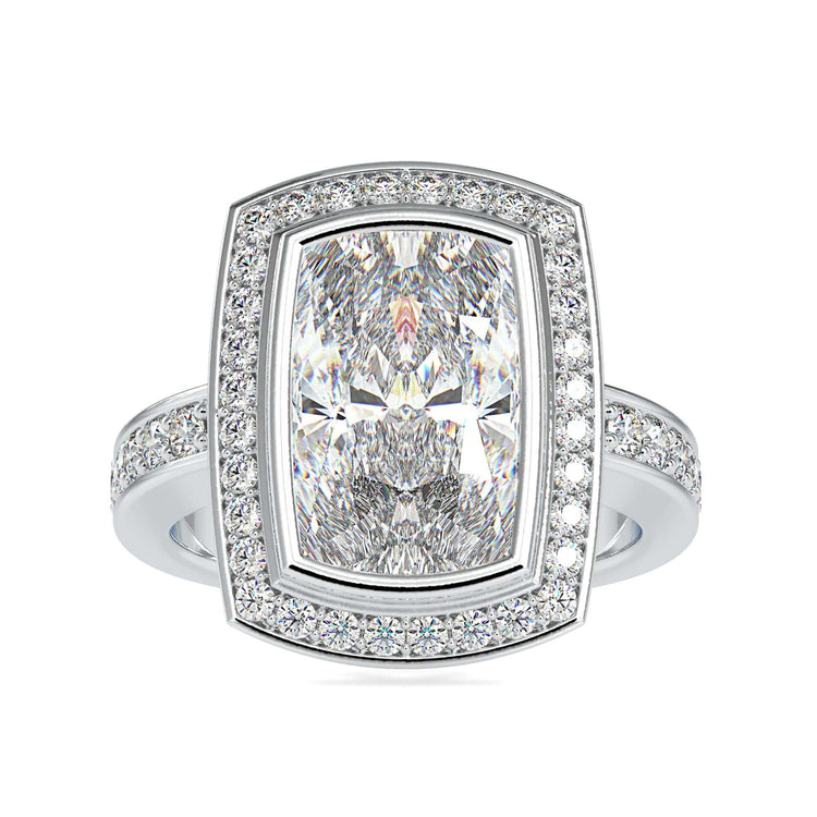 Rose gold diamond ring with halo and bezel features.
