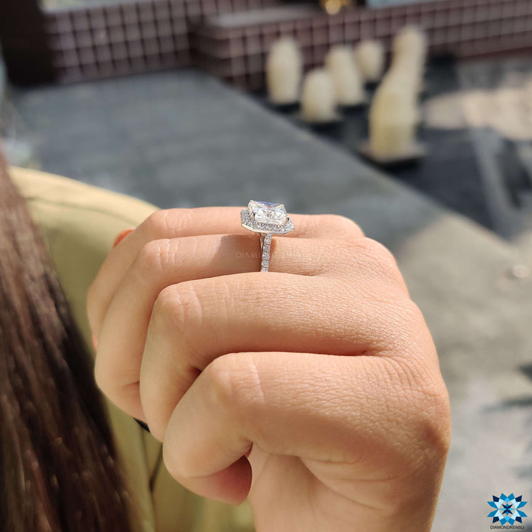 Custom engagement ring featuring radiant cut stone.
