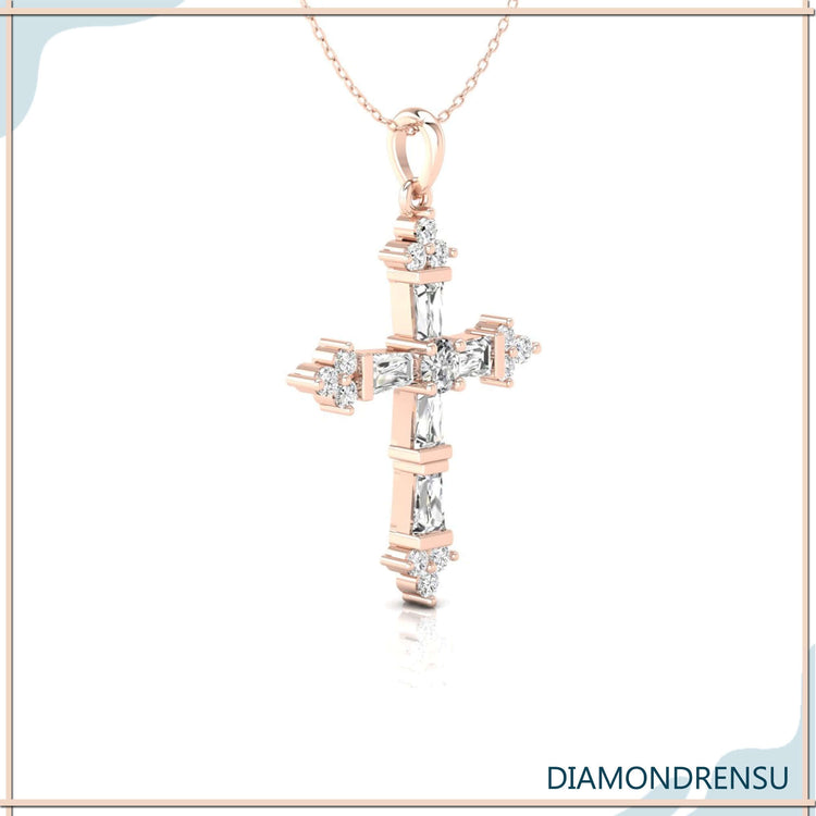 Round cross pendant with lab grown diamonds, gold finish.
