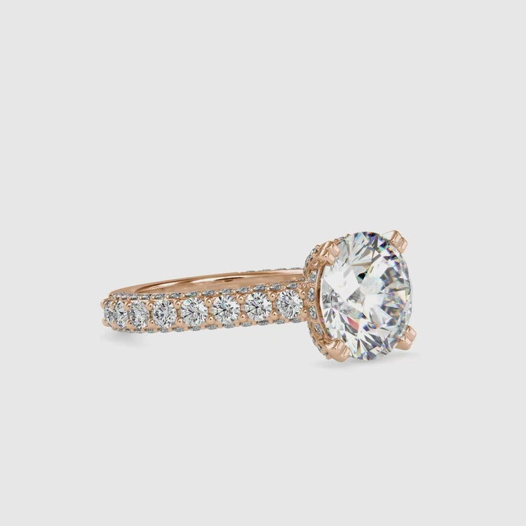 Lab diamond ring with multi row pave and double prongs.