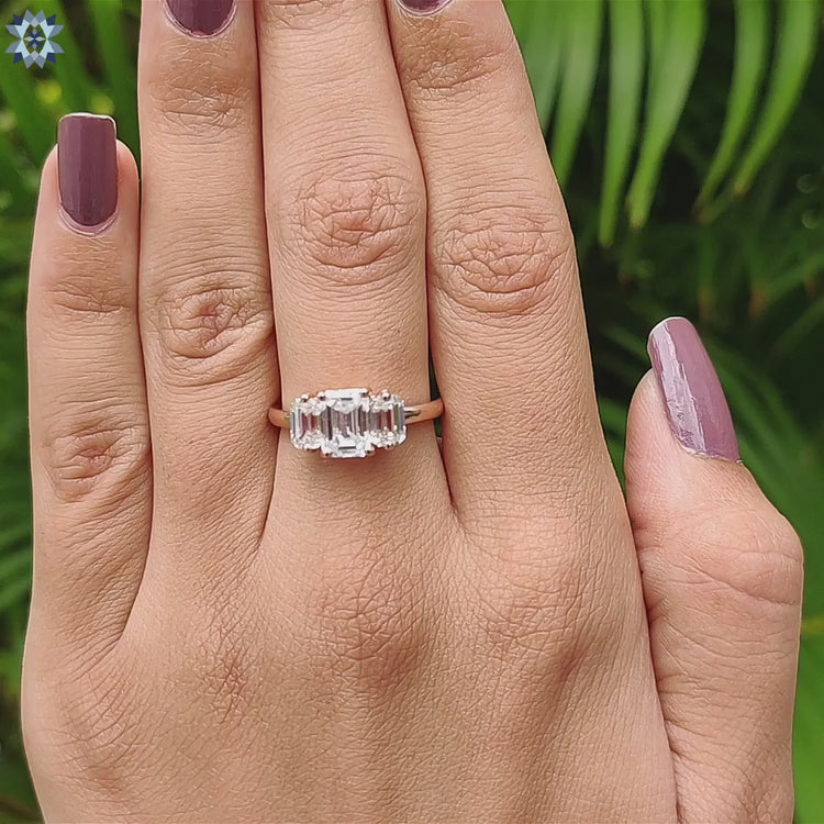Buy rose gold moissanite three stone ring online.
