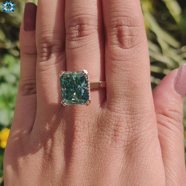 Handmade radiant engagement ring with hidden halo.
