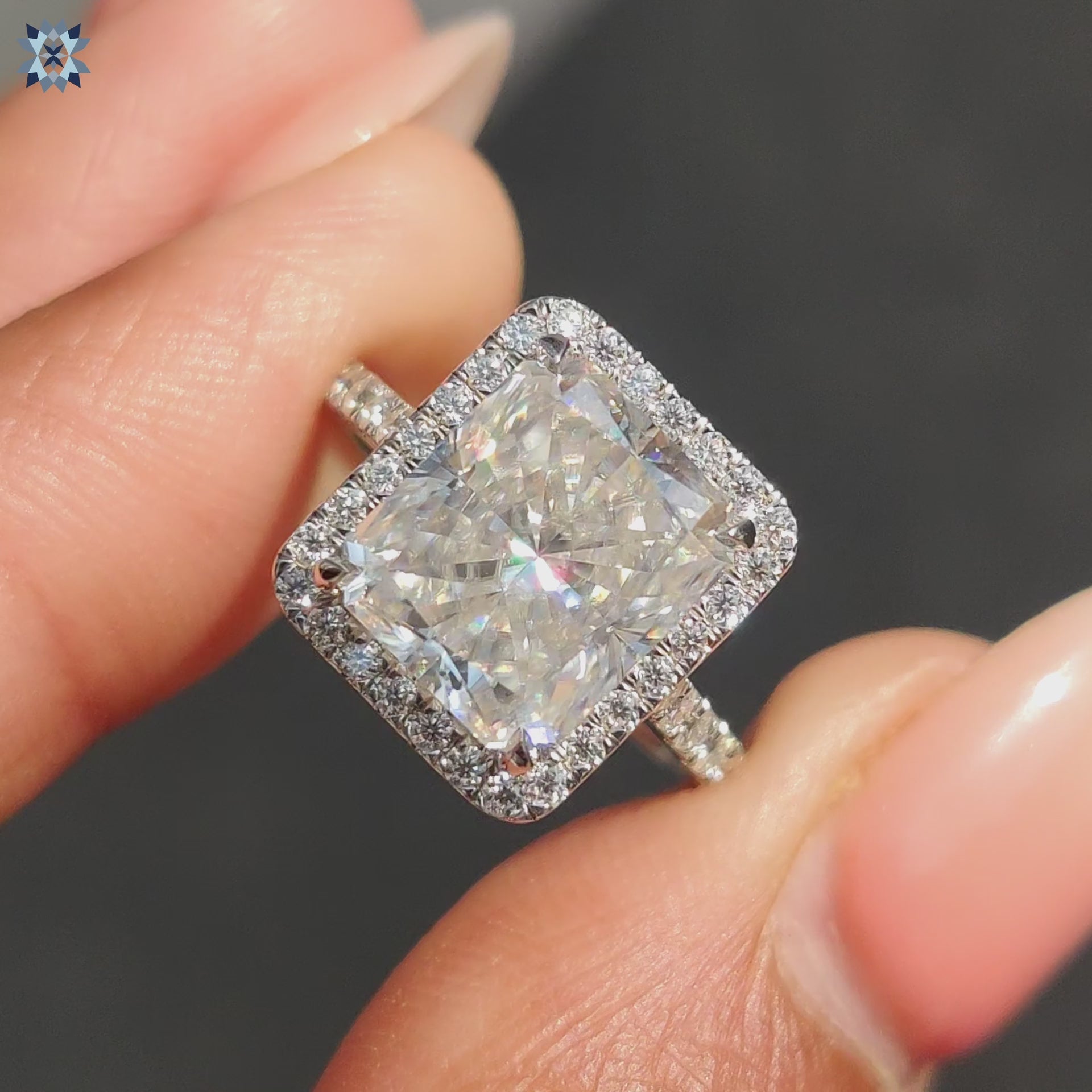 Radiant cut engagement ring with halo engagement ring
