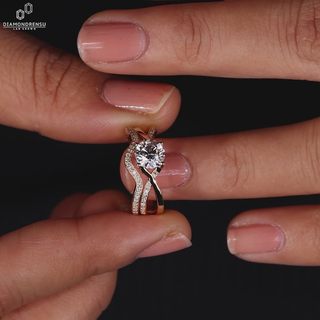 Twisted pave engagement ring and band.

