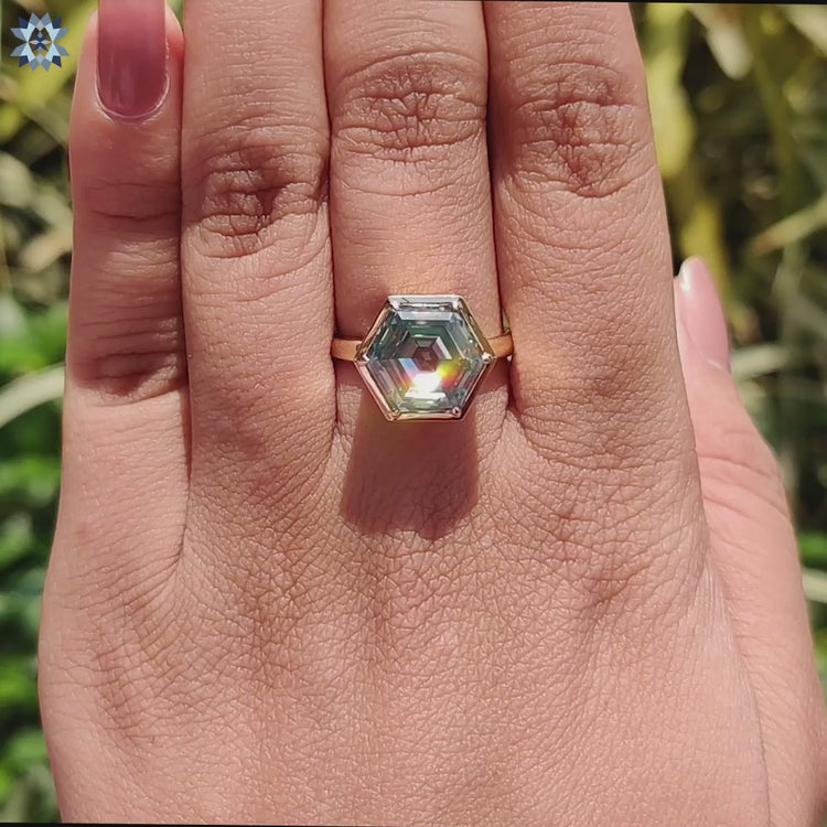 Buy yellow gold bezel solitaire hexagon cut cyan blue moissanite ring.
