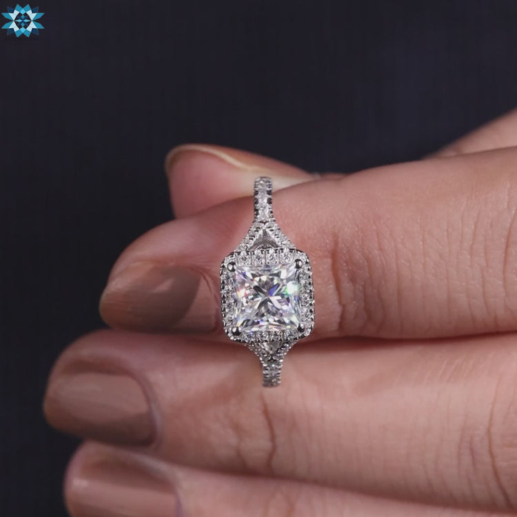 White gold halo ring with pave band.