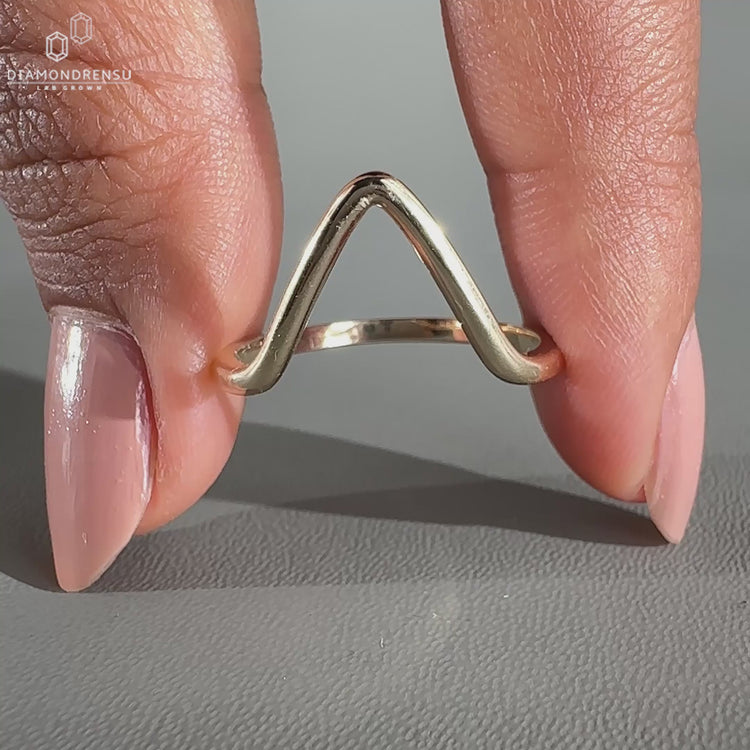 Yellow gold wedding band designed in a minimalist chevron style.
