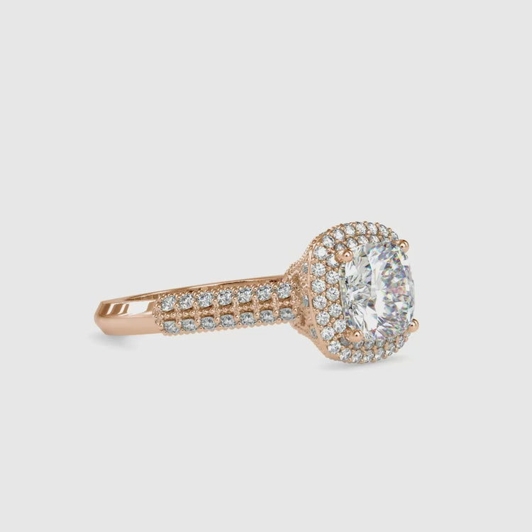 Buy engagement ring with cushion cut and pave band.
