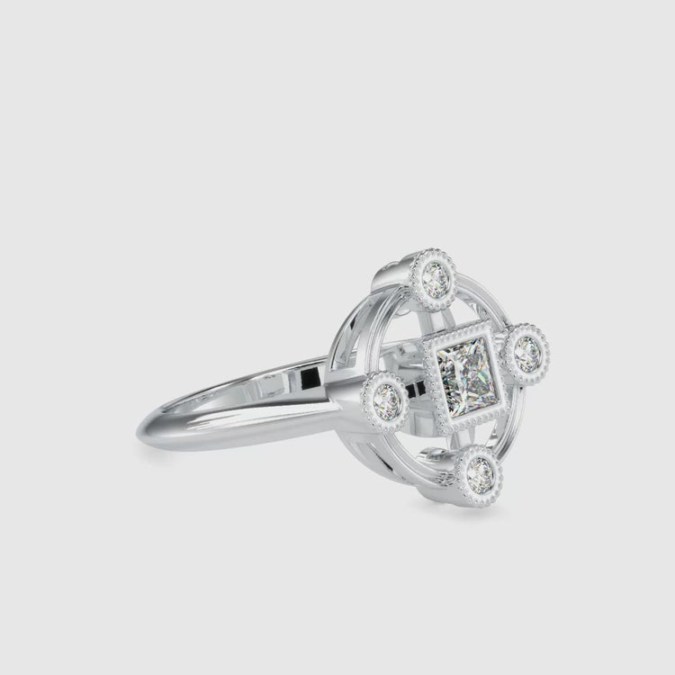Custom design ring with princess cut diamond in rose or white gold.