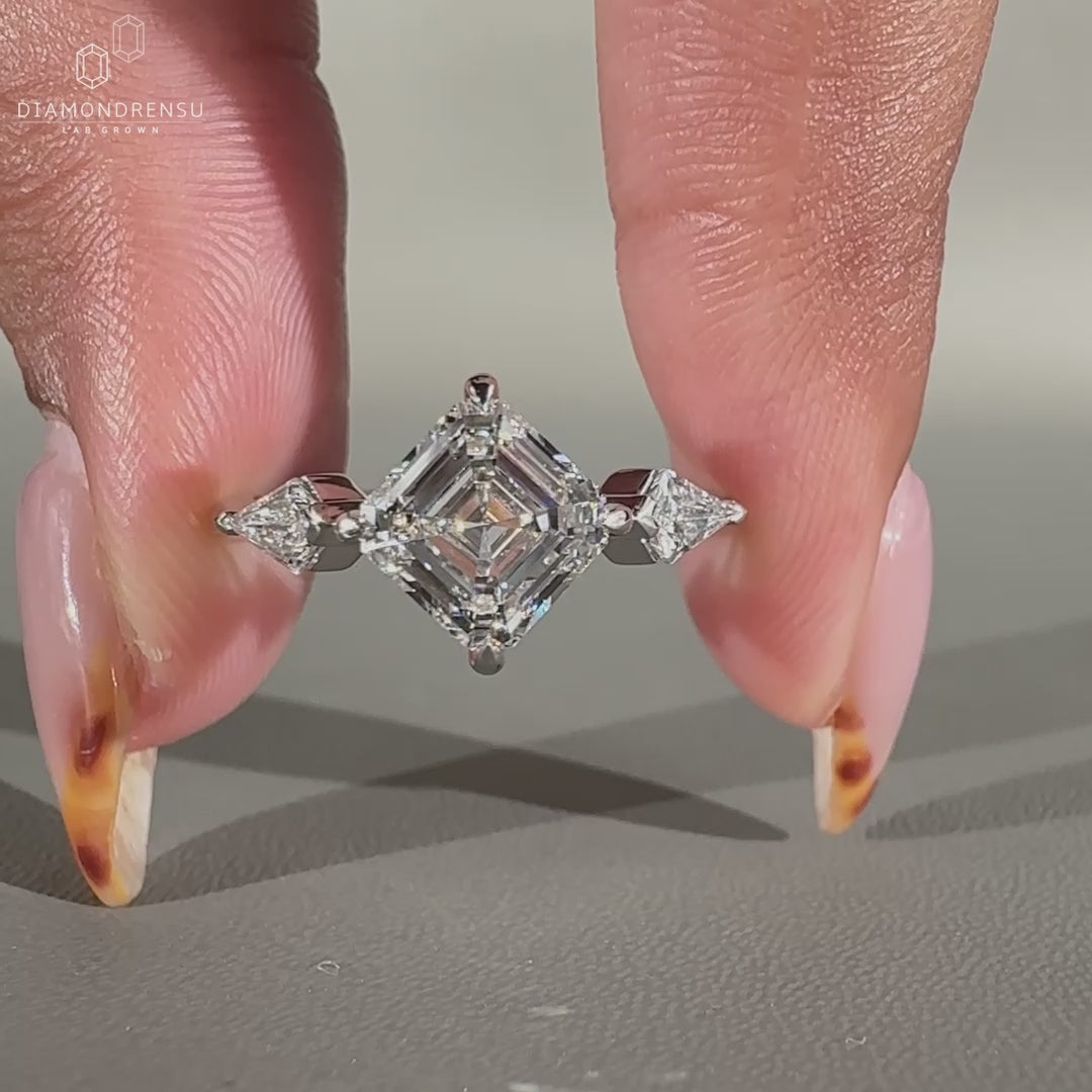 Tapered Shank Three Stone Asscher Cut Diamond Ring