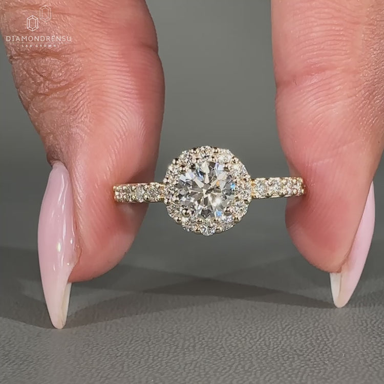 Round Halo Diamond Ring made in yellow gold engagement ring.
