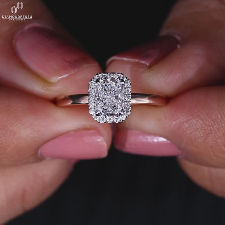 Halo rings with a radiant cut diamond and Lab Grown Diamond, designed for a unique engagement ring style.
