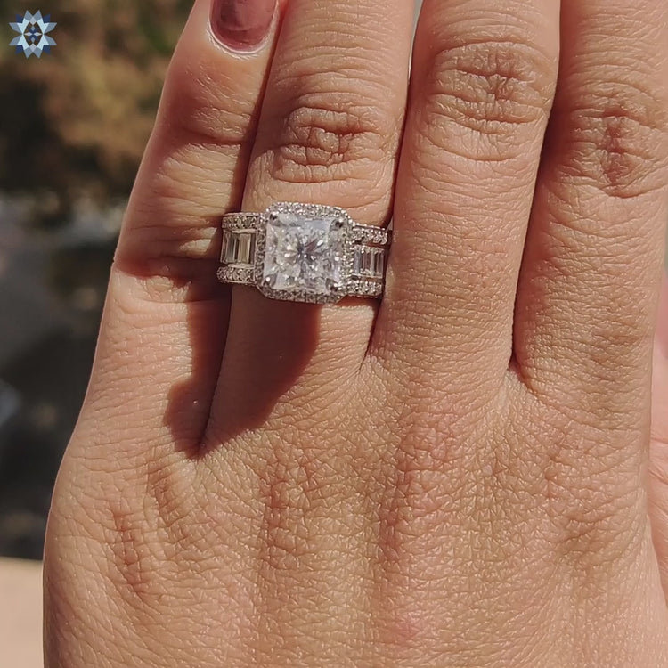 Moissanite engagement ring with hidden princess cut stones.
