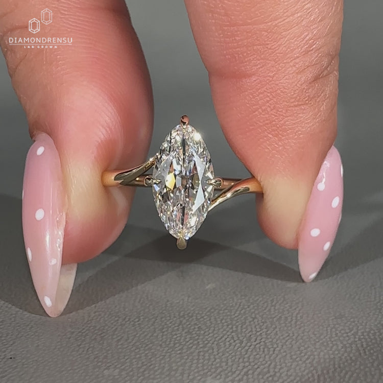 Marquise old european cut diamond ring with compass prong setting handmade.