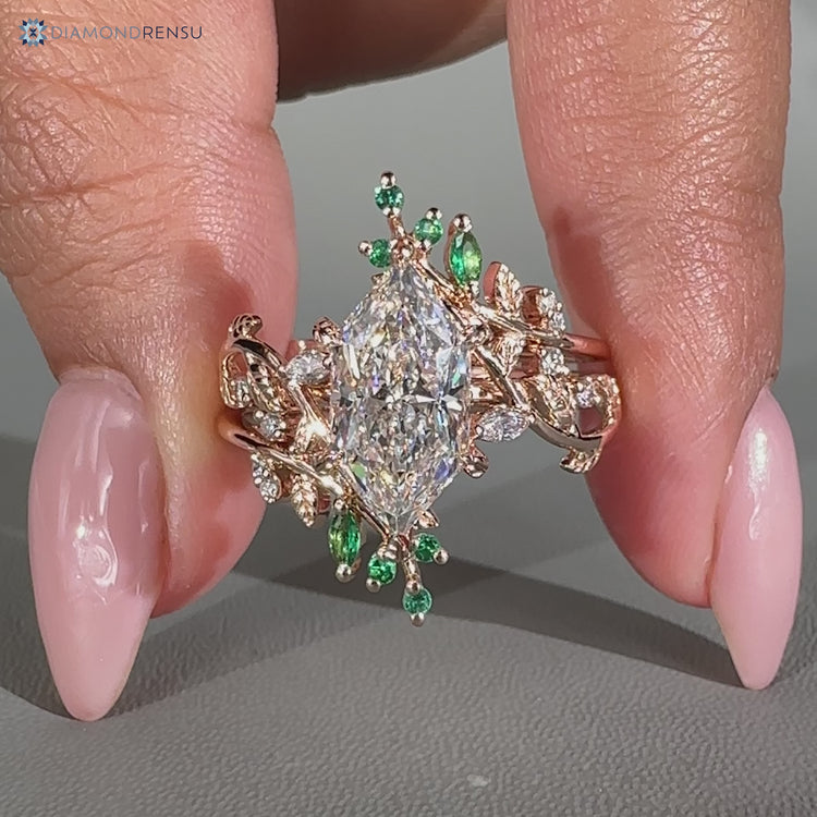 Nature inspired ring with six leaf style prong setting.