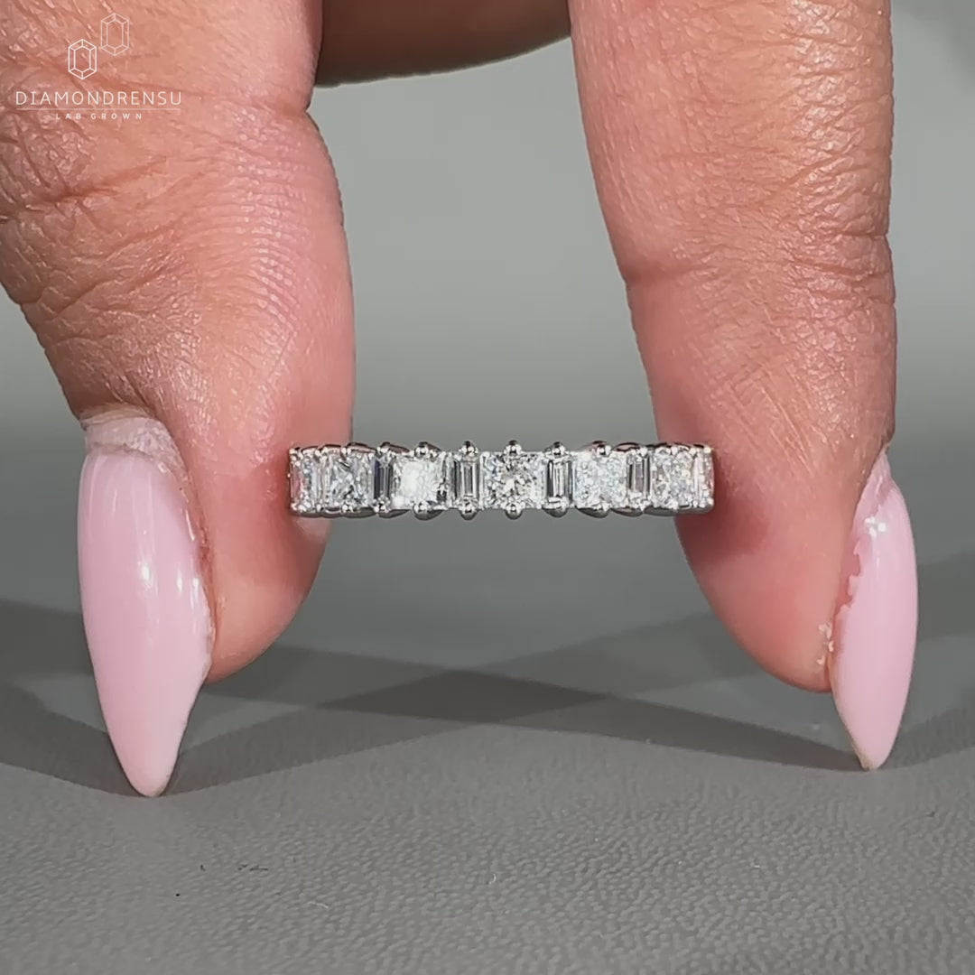 Baguette wedding band with white gold finish
