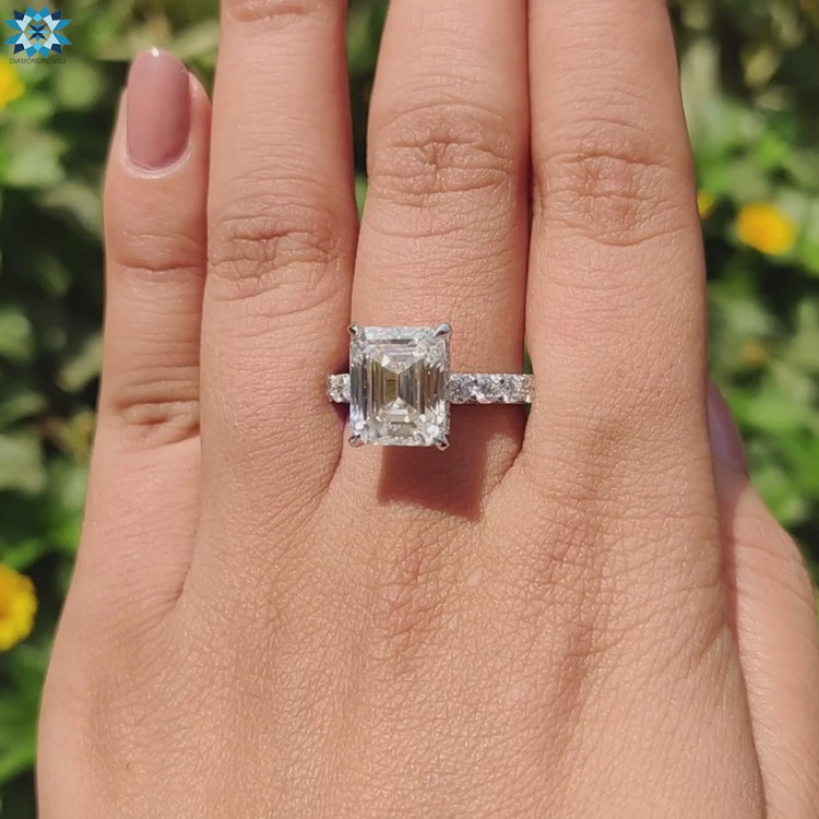 Handmade moissanite ring with hidden halo and pave band.

