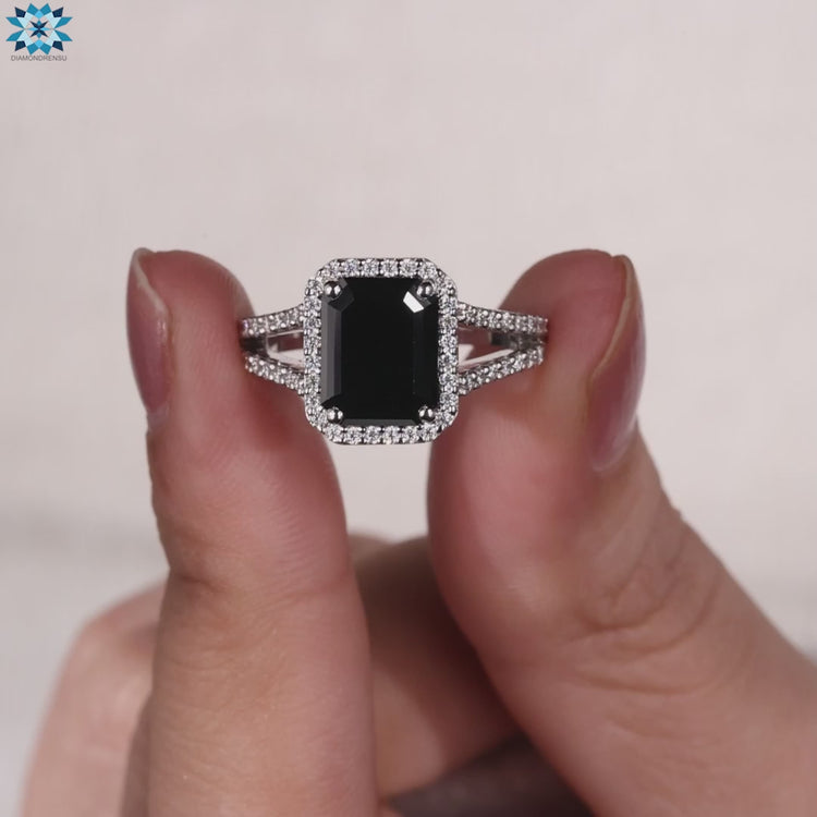 Custom engagement ring with black emerald moissanite and split pave band.
