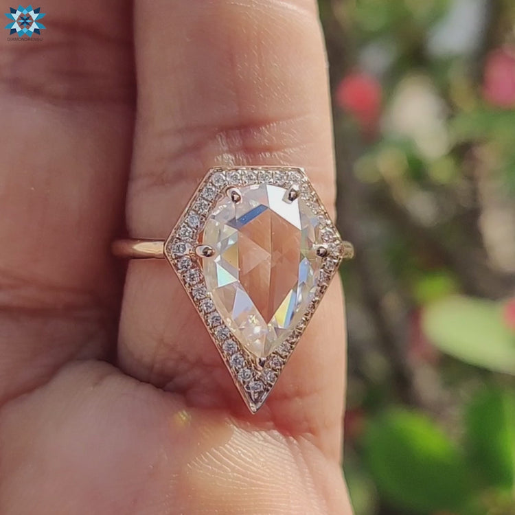 Custom rose gold halo ring with moissanite.
