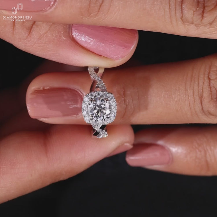 Halo ring with a 4 prong engagement ring setting, perfect for women seeking timeless style.
