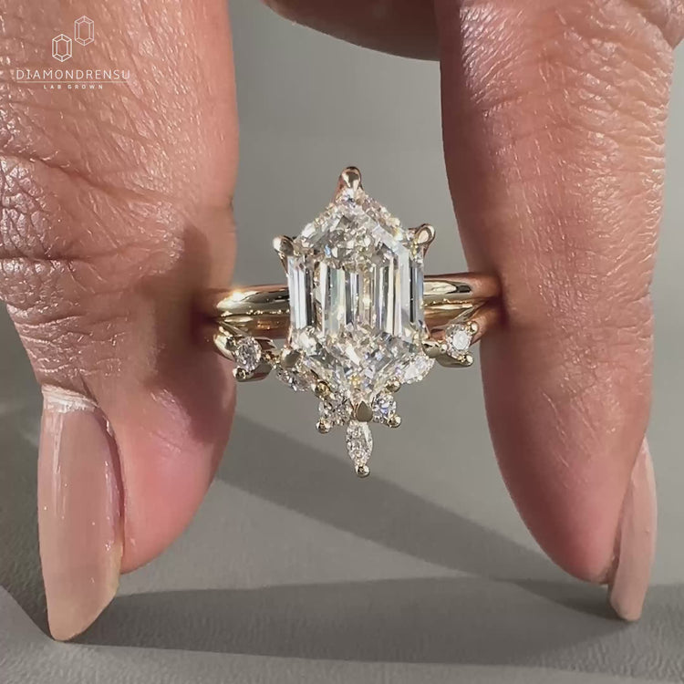 Solitaire ring paired with tiara wedding band in handmade bridal set.
