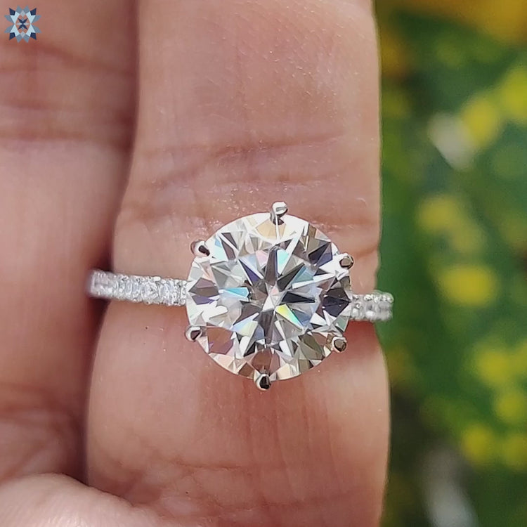 Pave set moissanite ring in white gold with 6 prong mount.
