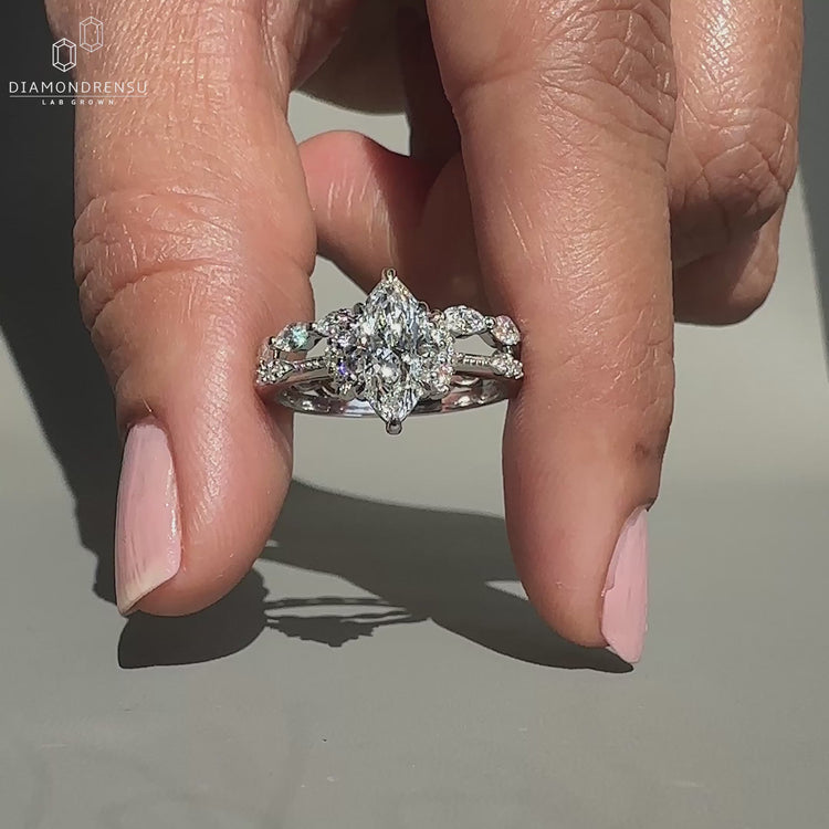 Handmade marquise diamond ring crafted with a vintage engagement style.

