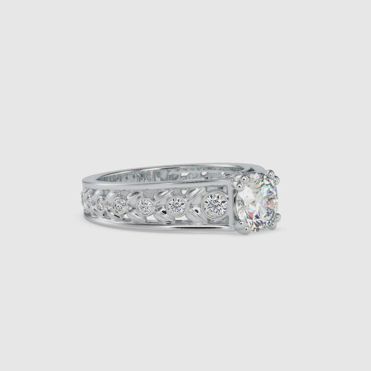 Custom lab diamond ring with double round prong detail.