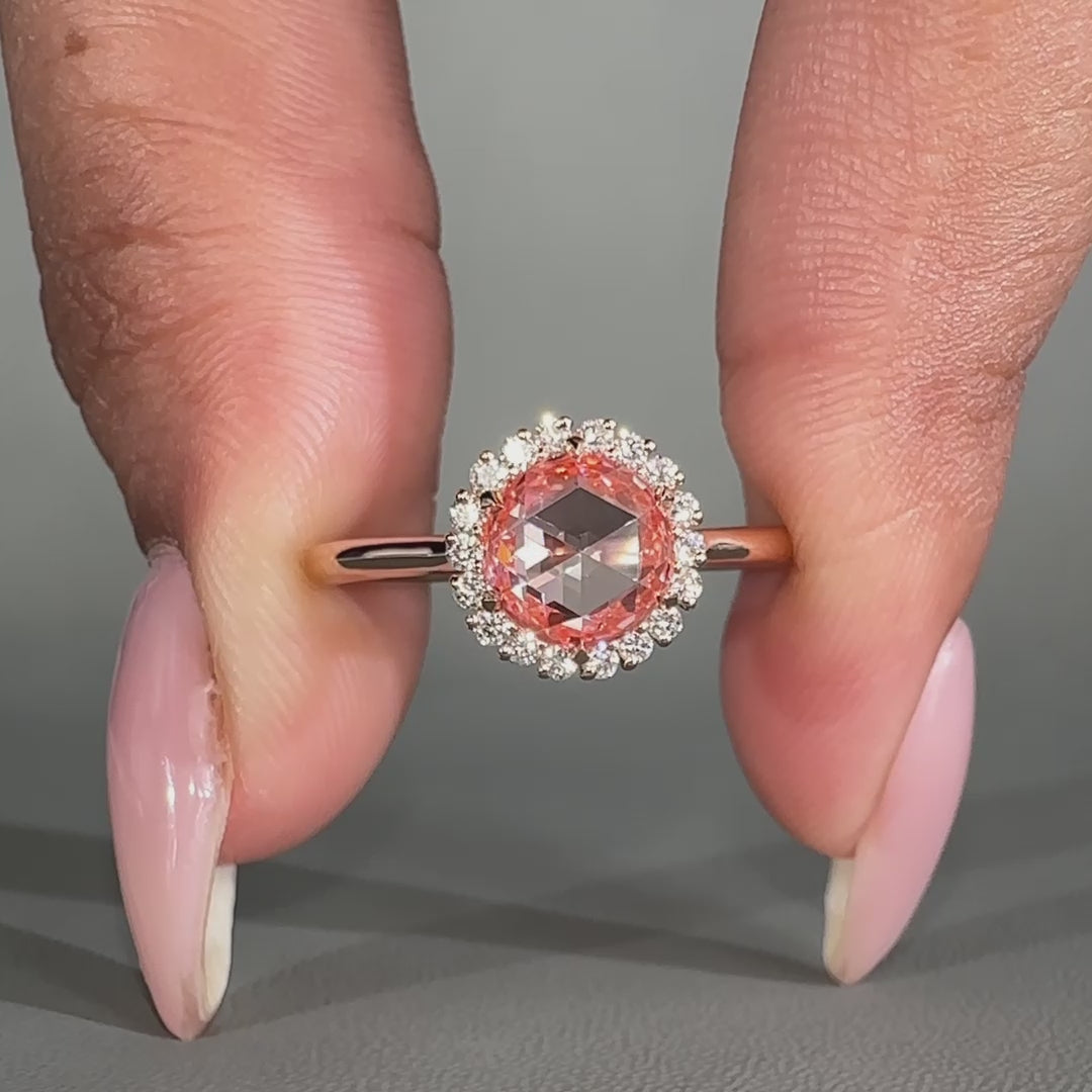Rose cut diamond ring in halo engagement ring style

