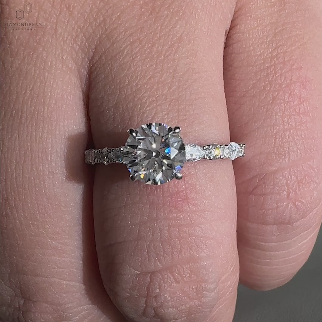 Unique engagement ring with a 4 prong claw setting for security.