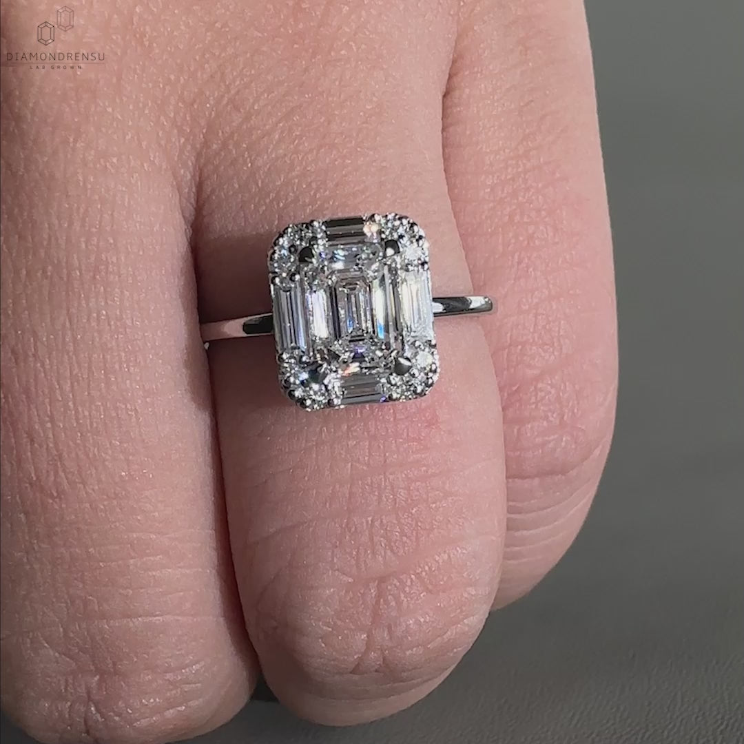 Round diamond engagement ring in a unique side stone design, perfect for women who love classic elegance.