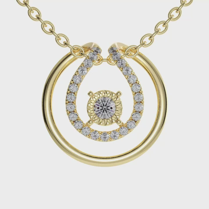 Gold pendant with open circle frame and round diamond centre.