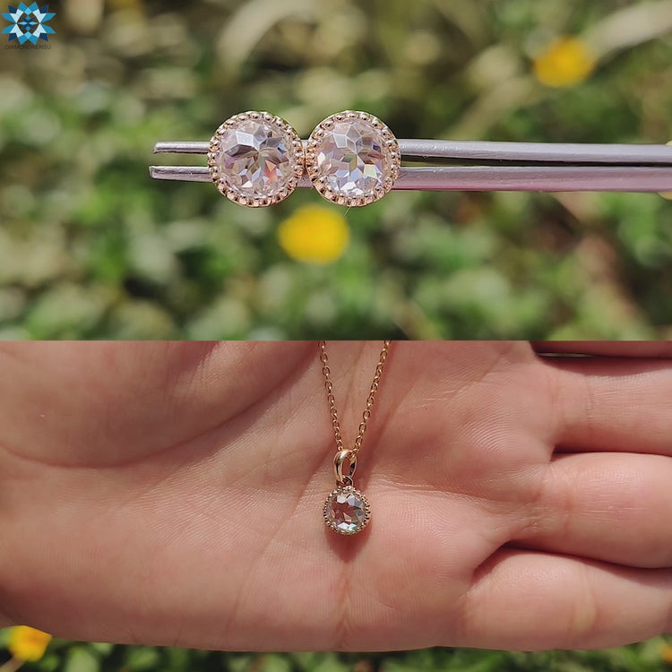Milgrain Bezel Set 2.84 TW Round Rose Cut Moissanite Stud Earrings and Pendant Set