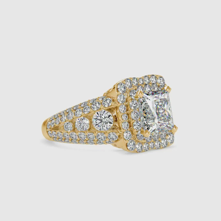Lab grown princess cut halo diamond ring.