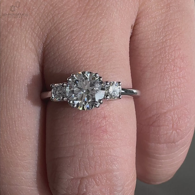 Three stone diamond ring featuring handmade jewellery and Lab Grown Diamonds, ideal for special occasions.