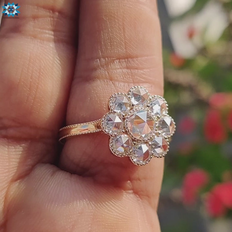 Diamondrensu UK ring with rose cut moissanite and halo.
