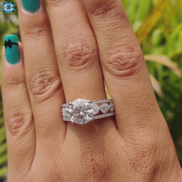 Round moissanite ring in prong setting with euro shank.
