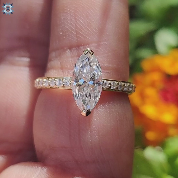 Buy custom marquise moissanite ring with hidden halo.
