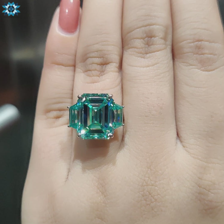 Handcrafted ring with vibrant blue moissanite center.

